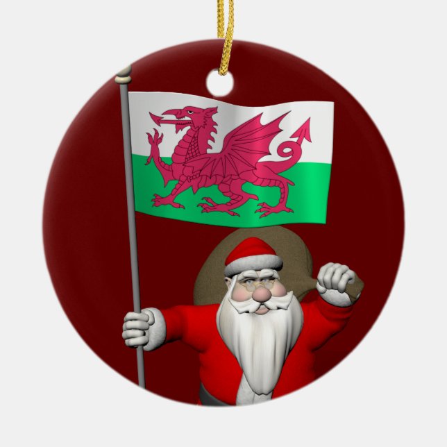Santa Claus With Ensign Of Wales Ceramic Ornament (Front)