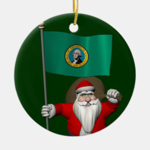 Santa Claus With Ensign Of Washington Ceramic Ornament