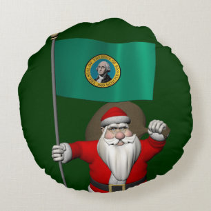 Santa Claus With Ensign Of  Washington Round Cushion