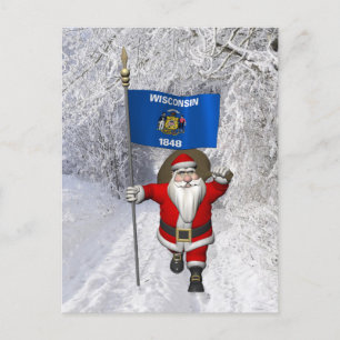 Santa Claus With Ensign Of Wisconsin Holiday Postcard