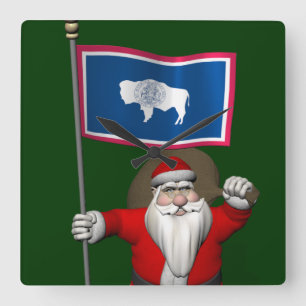 Santa Claus With Ensign Of Wyoming Square Wall Clock