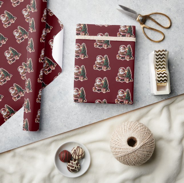 Santa Claus with Fir Tree in 3D -  Wrapping Paper (Crafts)