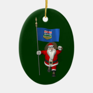 Santa Claus With Flag Of Alberta CDN Ceramic Tree Decoration