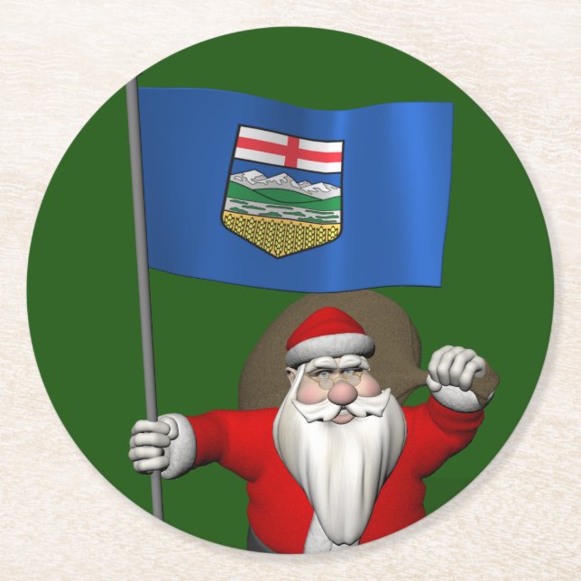 Santa Claus With Flag Of Alberta CDN Round Paper Coaster (Front)