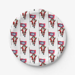 Santa Claus With Flag Of Arkansas Paper Plate