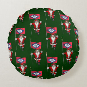 Santa Claus With Flag Of Arkansas Round Cushion