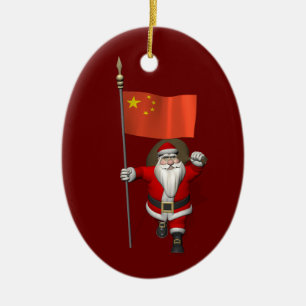 Santa Claus With Flag Of China Ceramic Tree Decoration
