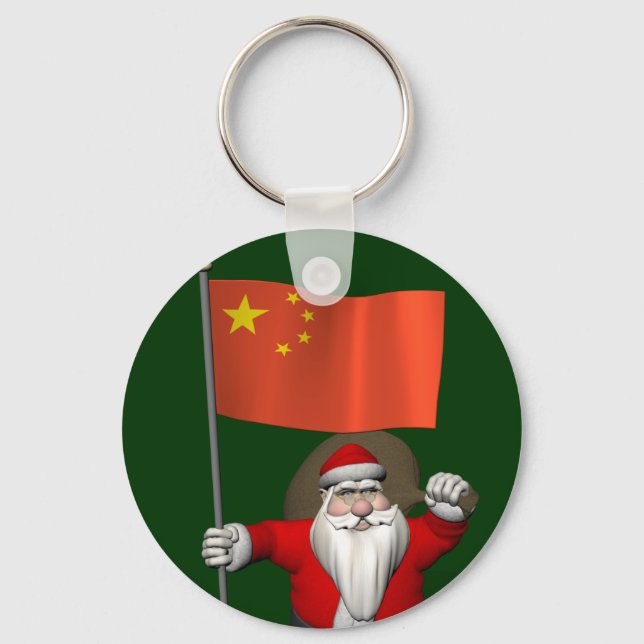 Santa Claus With Flag Of China Key Ring (Front)