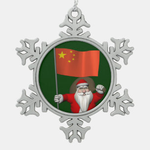 Santa Claus With Flag Of China Snowflake Pewter Christmas Ornament