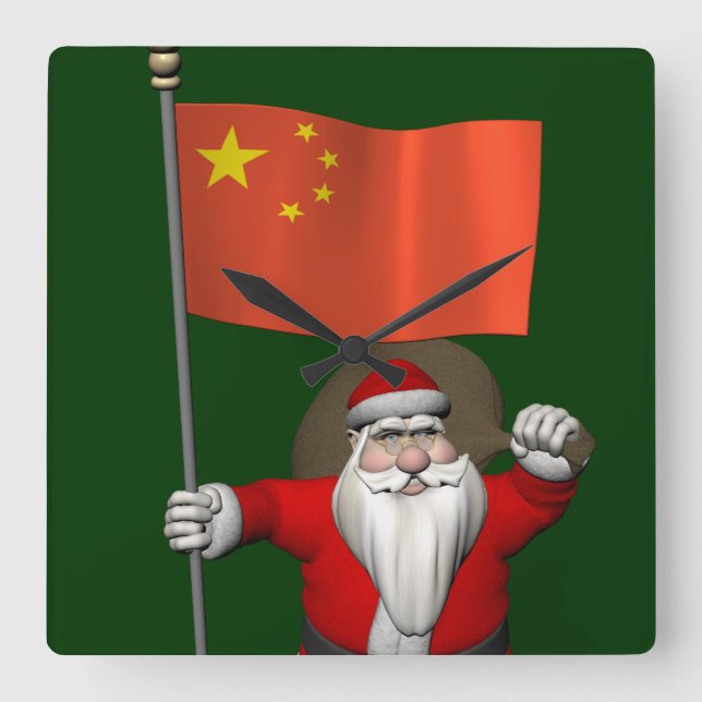 Santa Claus With Flag Of China Square Wall Clock (Front)