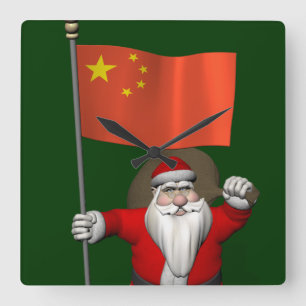 Santa Claus With Flag Of China Square Wall Clock