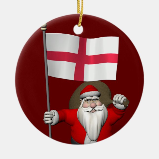 Santa Claus With Flag Of England Ceramic Tree Decoration (Front)