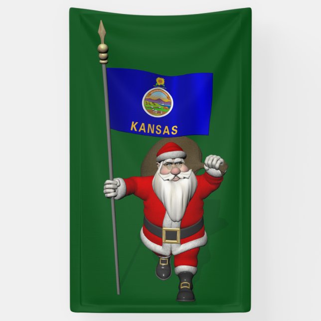 Santa Claus With Flag Of Kansas Banner (Vertical)