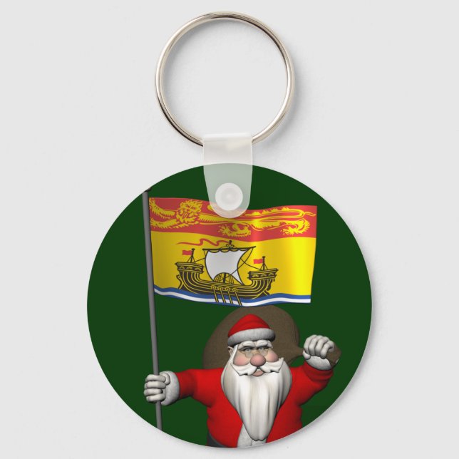 Santa Claus With Flag Of New Brunswick CDN Key Ring (Front)