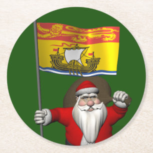 Santa Claus With Flag Of New Brunswick CDN Round Paper Coaster