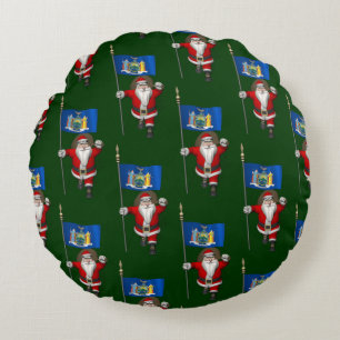 Santa Claus With Flag Of New York US State Round Cushion