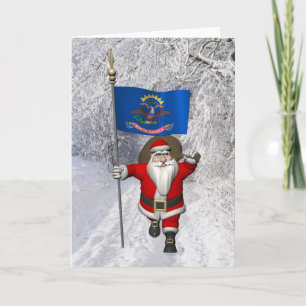 Santa Claus With Flag Of North Dakota Holiday Card