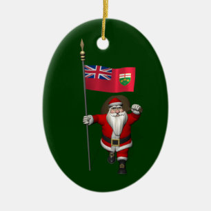 Santa Claus With Flag Of Ontario CDN Ceramic Tree Decoration