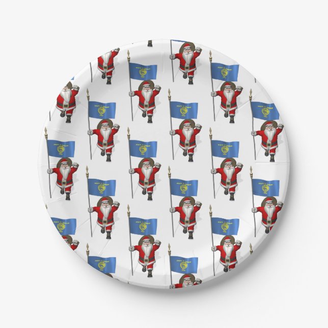 Santa Claus With Flag Of Oregon Paper Plate (Front)