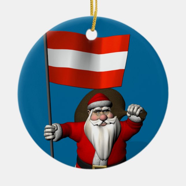 Santa Claus With Flag Of Österreich Ceramic Tree Decoration (Front)