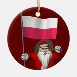 Santa Claus With Flag Of Poland Ceramic Tree Decoration