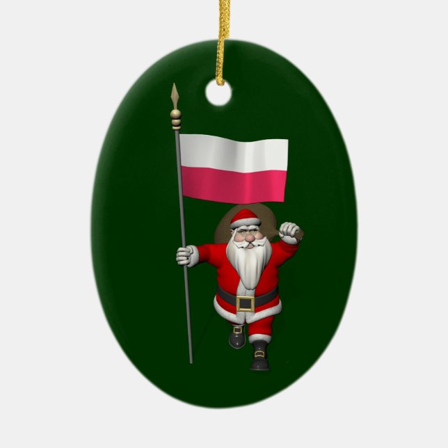 Santa Claus With Flag Of Poland Ceramic Tree Decoration (Front)