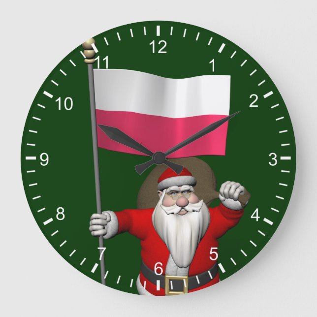 Santa Claus With Flag Of Poland Large Clock (Front)