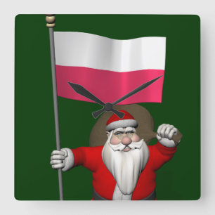 Santa Claus With Flag Of Poland Square Wall Clock