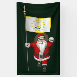Santa Claus With Flag Of Rhode Island Banner
