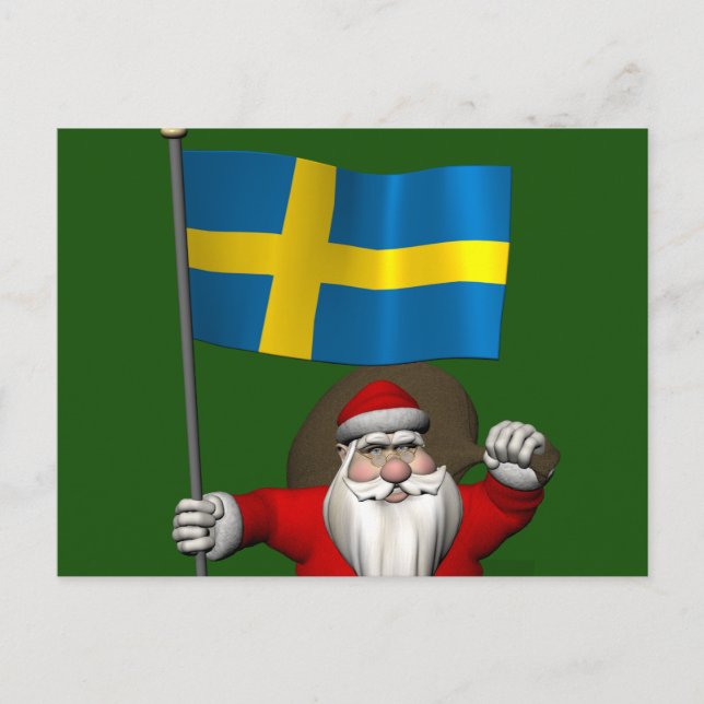 Santa Claus With Flag Of Sweden Holiday Postcard (Front)