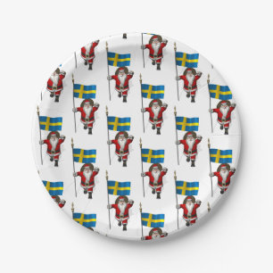 Santa Claus With Flag Of Sweden Paper Plate