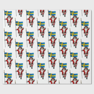 Santa Claus With Flag Of Sweden Wrapping Paper