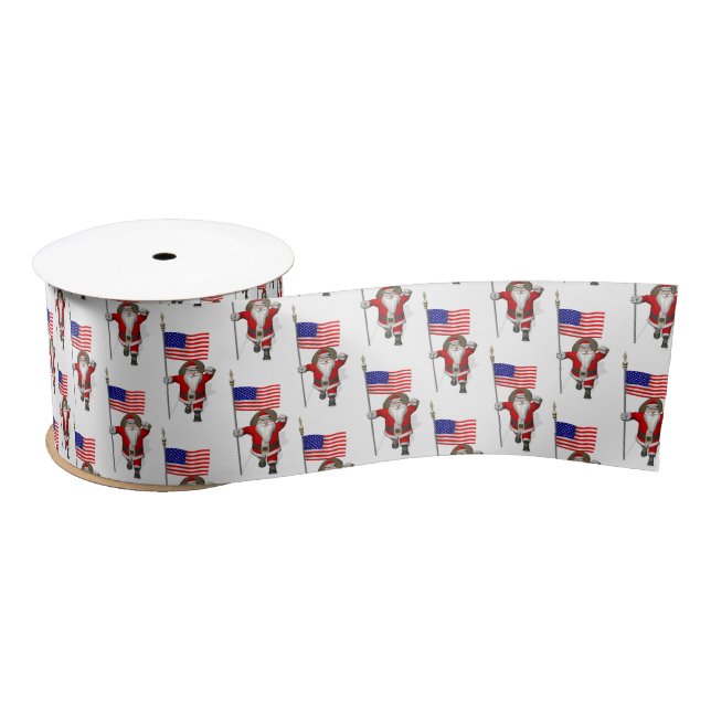Santa Claus With Flag Of The USA Satin Ribbon (Spool)