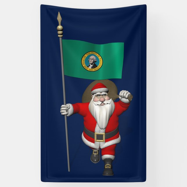Santa Claus With Flag Of Washington Banner (Vertical)