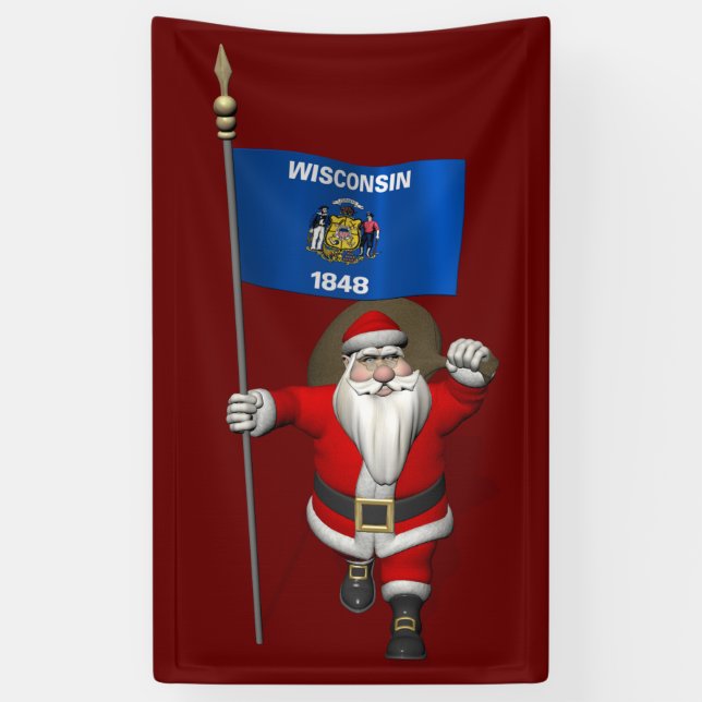 Santa Claus With Flag Of Wisconsin Banner (Vertical)