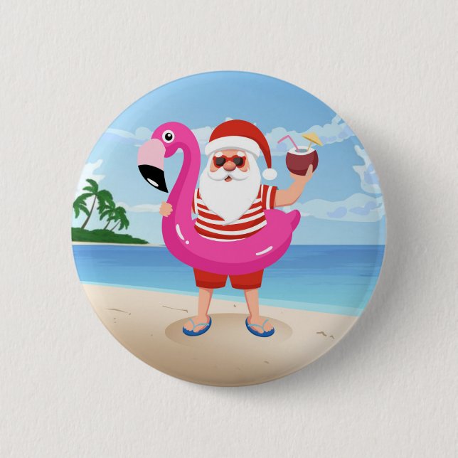 Santa Claus with flamingo inflatable ring 6 Cm Round Badge (Front)