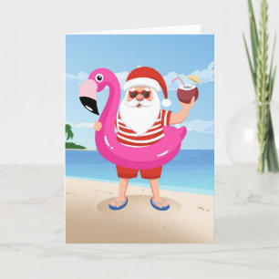 Santa Claus with flamingo inflatable ring Card