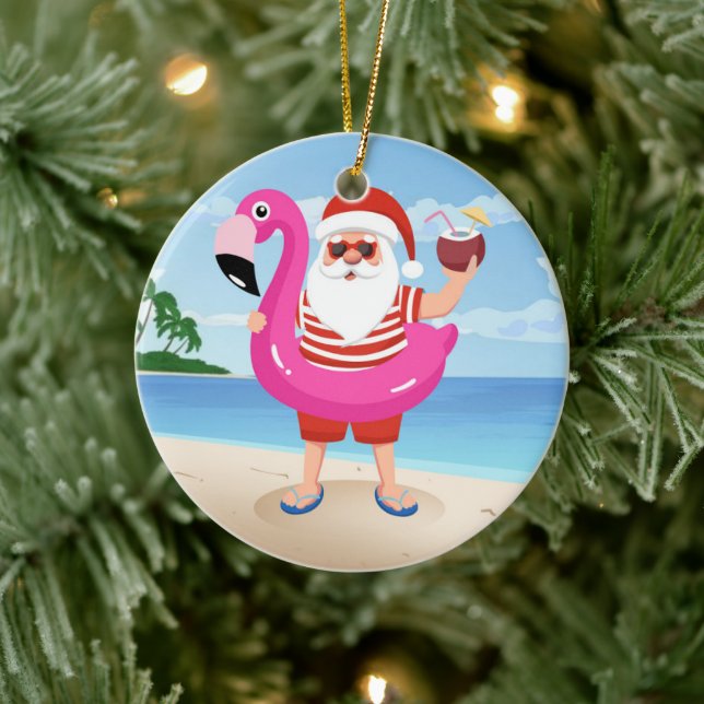 Santa Claus with flamingo inflatable ring Ceramic Ornament (Tree)