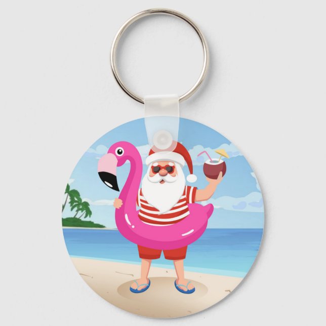 Santa Claus with flamingo inflatable ring Key Ring (Front)