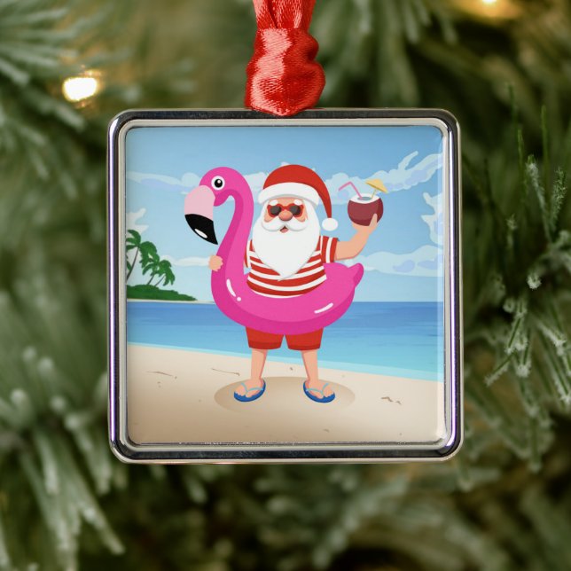 Santa Claus with flamingo inflatable ring Metal Ornament (Tree)