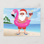 Santa Claus with flamingo inflatable ring Postcard<br><div class="desc">santa claus flamingo christmas, 
cheerful tropic lifestyle pink , 
man colorful sunglasses bird , 
drawing animal merry funny , 
swim party vacation ocean, 
sea cute inflatable tropical , 
beach happy cartoon summer, 
illustration holiday , 
christmas santa claus flamingo , </div>