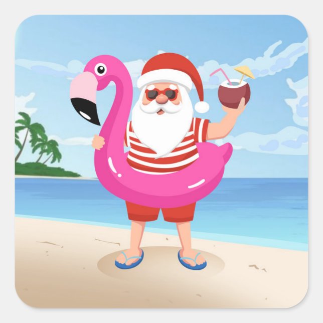 Santa Claus with flamingo inflatable ring Square Sticker (Front)