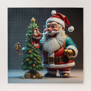 Santa Claus with Funny Laughing Christmas Tree Jigsaw Puzzle