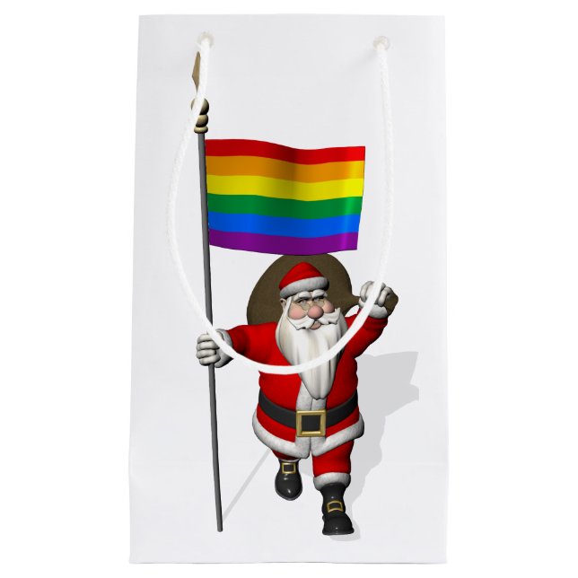 Santa Claus With Gay Pride Rainbow Flag Small Gift Bag (Front)
