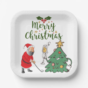 Santa Claus with golf ball Merry Christmas golfer Paper Plate