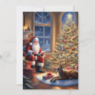 Santa Claus with his reindeer on Christmas Eve Holiday Card