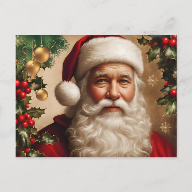 Santa Claus with Holly Berry, Christmas Ornaments Holiday Postcard (Front)
