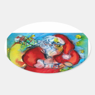 SANTA CLAUS WITH LANTERN IN THE CHRISTMAS NIGHT OVAL STICKER