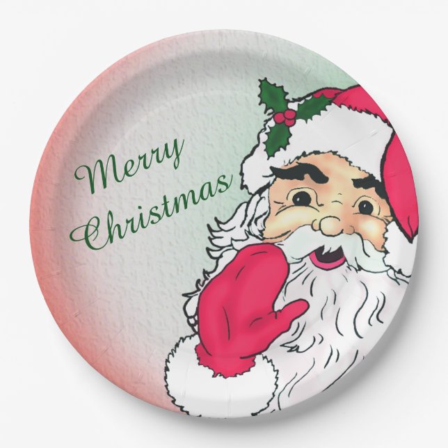 Santa Claus with merry christmas text Paper Plate (Front)
