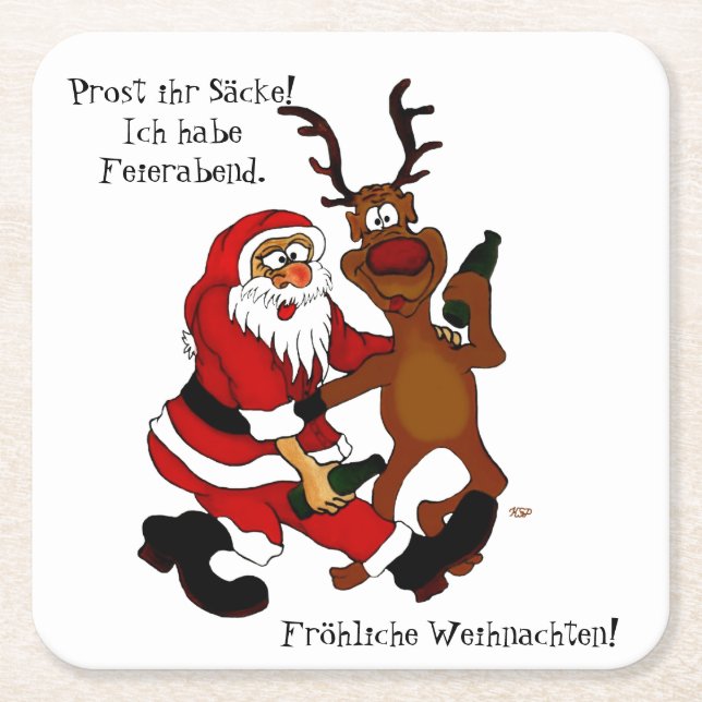 Santa Claus with moose - frohes Fest Square Paper Coaster (Front)